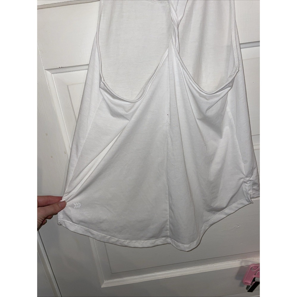 Fit‎ Athletic Exercise Yoga Relax Chill White Tank T back Twist Hi Lo - Picture 3 of 4